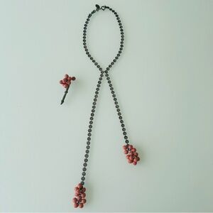 Claire Juillet vintage brass and coral bead lariat necklace and brooch